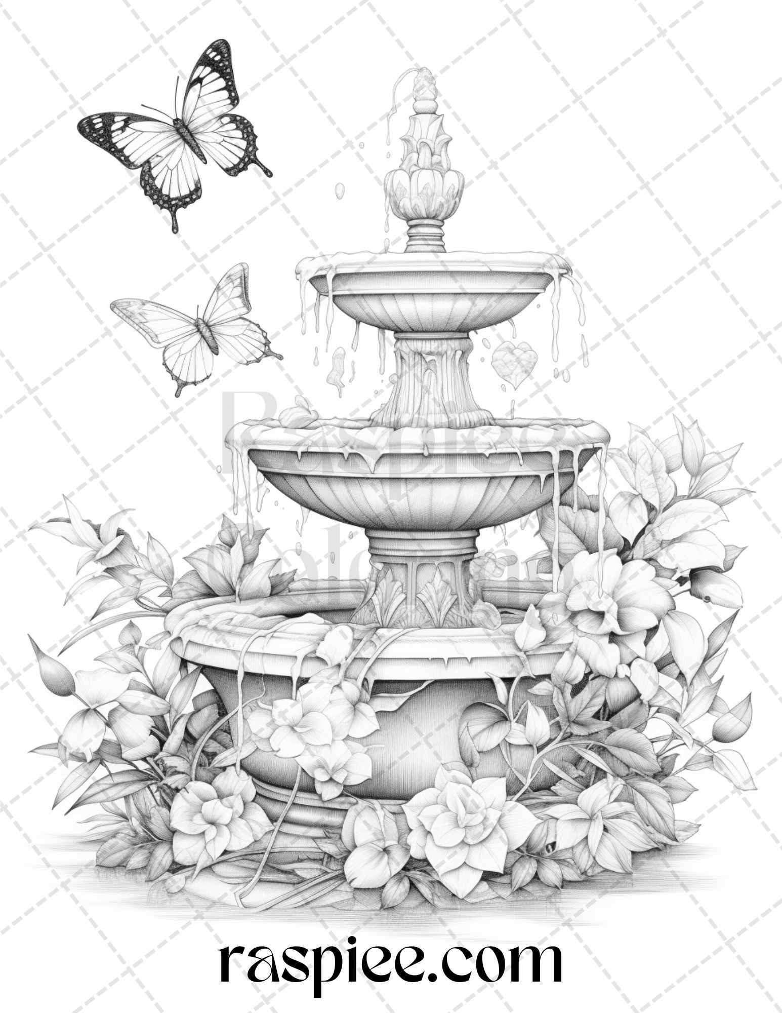 32 Blooming Fountains Grayscale Coloring Pages Printable for Adults, PDF File Instant Download - raspiee