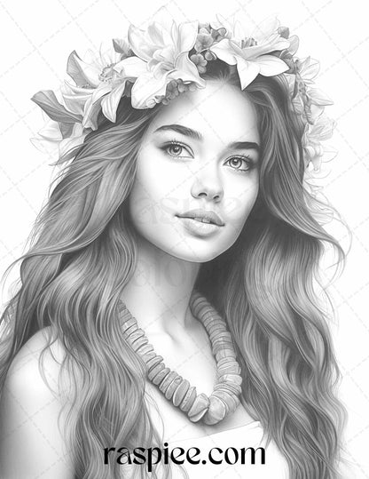 40 Hawaiian Girls Grayscale Coloring Pages Printable for Adults, PDF File Instant Download - Raspiee Coloring