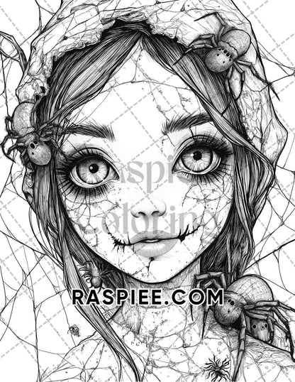 Haunted Dolls Halloween Horror Adult Coloring Pages Printable PDF Instant Download - RASPIEE