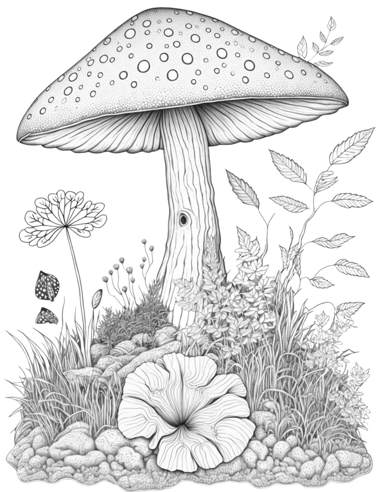 100 Mushroom Forest Coloring Pages Printable for Adults and Kids, Gray