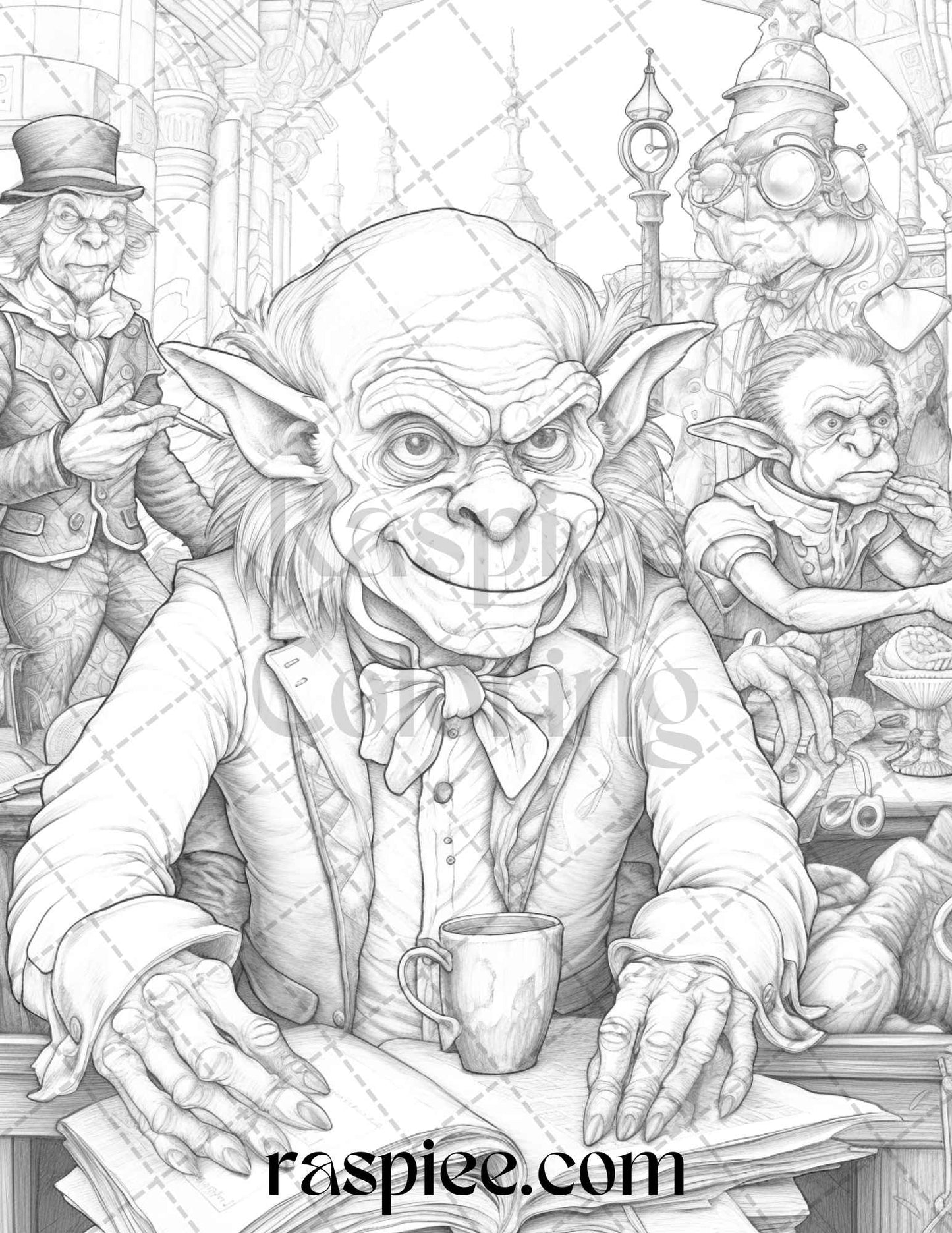 Fantasy Goblins Grayscale Coloring Pages Printable for Adults, PDF File Instant Download - raspiee