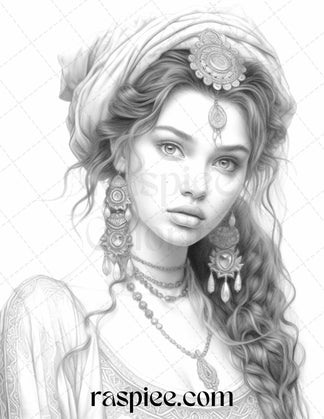 40 Beautiful Gypsy Girls Grayscale Coloring Pages Printable for Adults ...