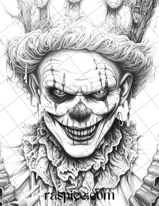 40 Spooky Clowns Grayscale Coloring Pages Printable for Adults, PDF Fi ...