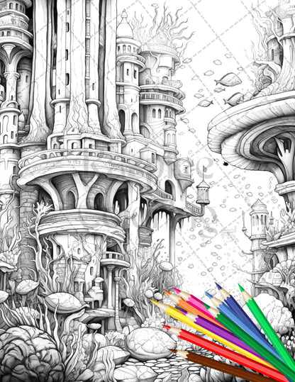 Enchanted Underwater City Grayscale Coloring Pages Printable for Adults, PDF File Instant Download - raspiee