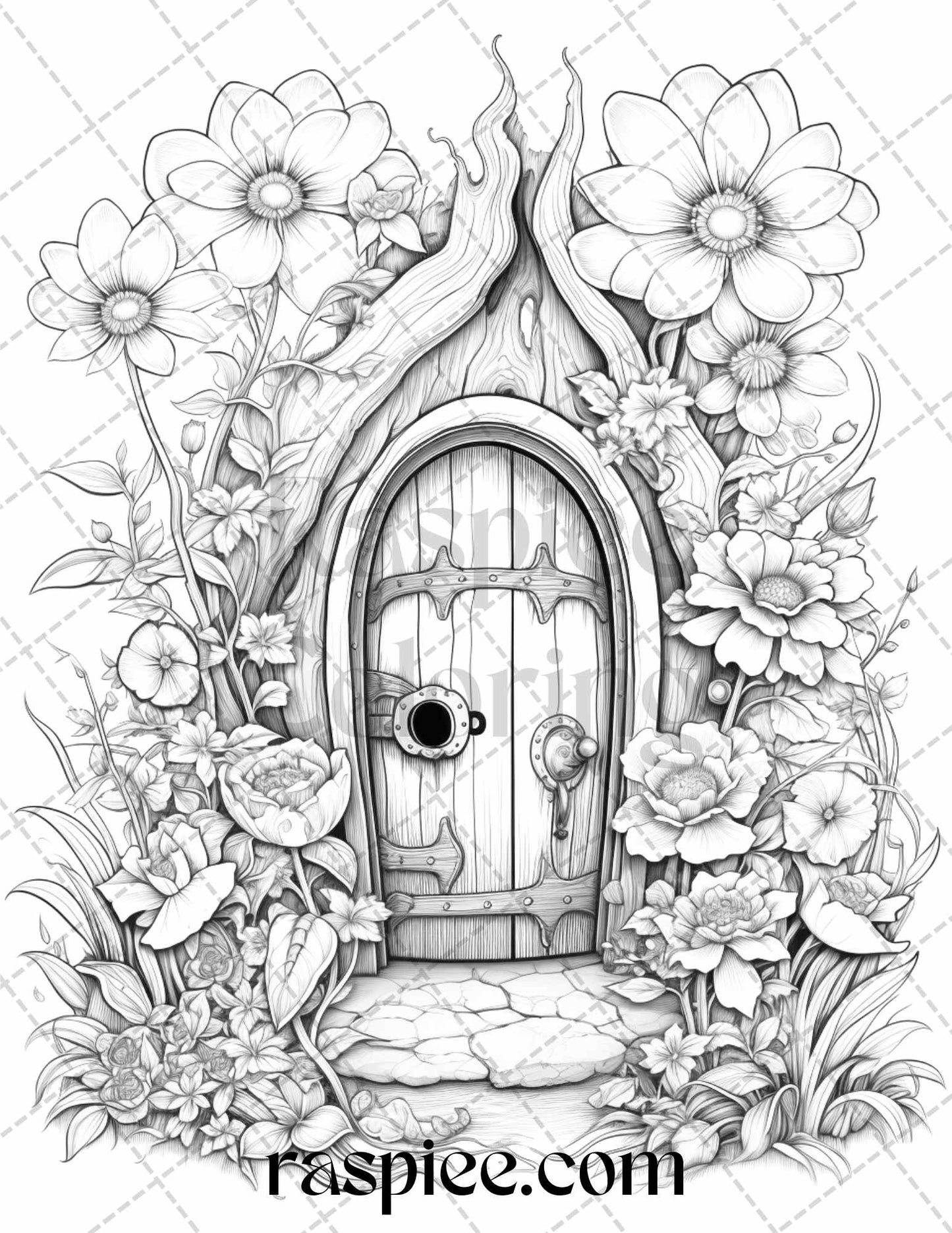 40 Flower Fairy Doors Grayscale Coloring Pages Printable for Adults, PDF File Instant Download - raspiee