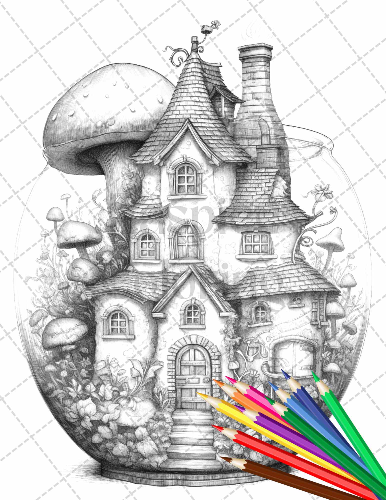 Fairy House in Jar Grayscale Coloring Pages Printable for Adults, PDF File Instant Download - raspiee