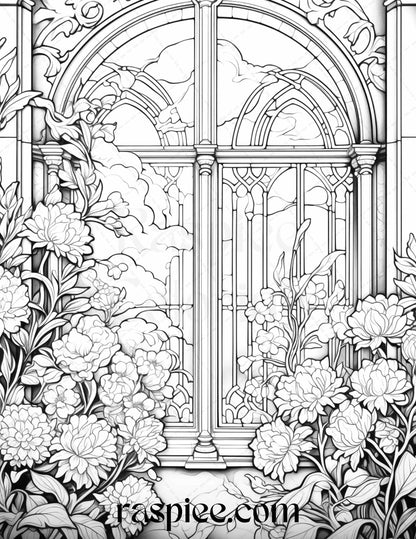 50 Blooming Windows Grayscale Coloring Pages Printable for Adults, PDF File Instant Download - Raspiee Coloring