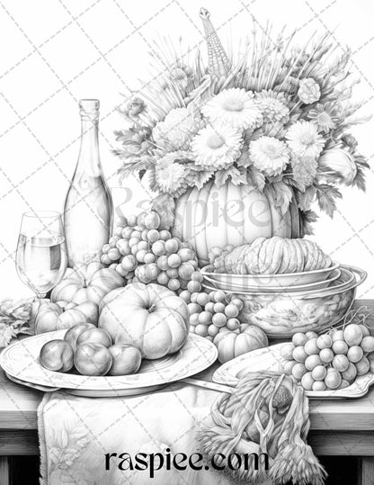 Thanksgiving Dinner Grayscale Printable Coloring Page, Adult Fall Coloring Activity, DIY Autumn Coloring Sheets, Instant Download Thanksgiving Coloring Art, Relaxing Holiday Coloring Pages, Holiday Coloring Pages for Adults