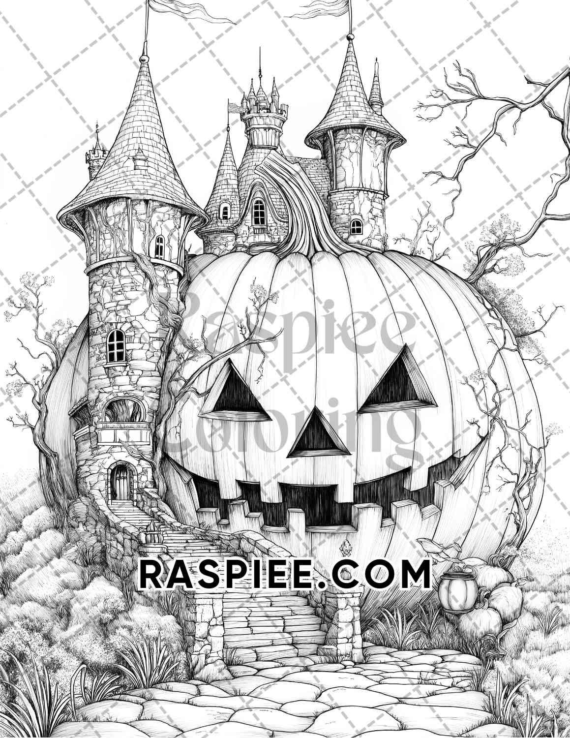 Fantasy Giant Pumpkin Castles Adult Coloring Pages Printable PDF Instant Download - RASPIEE