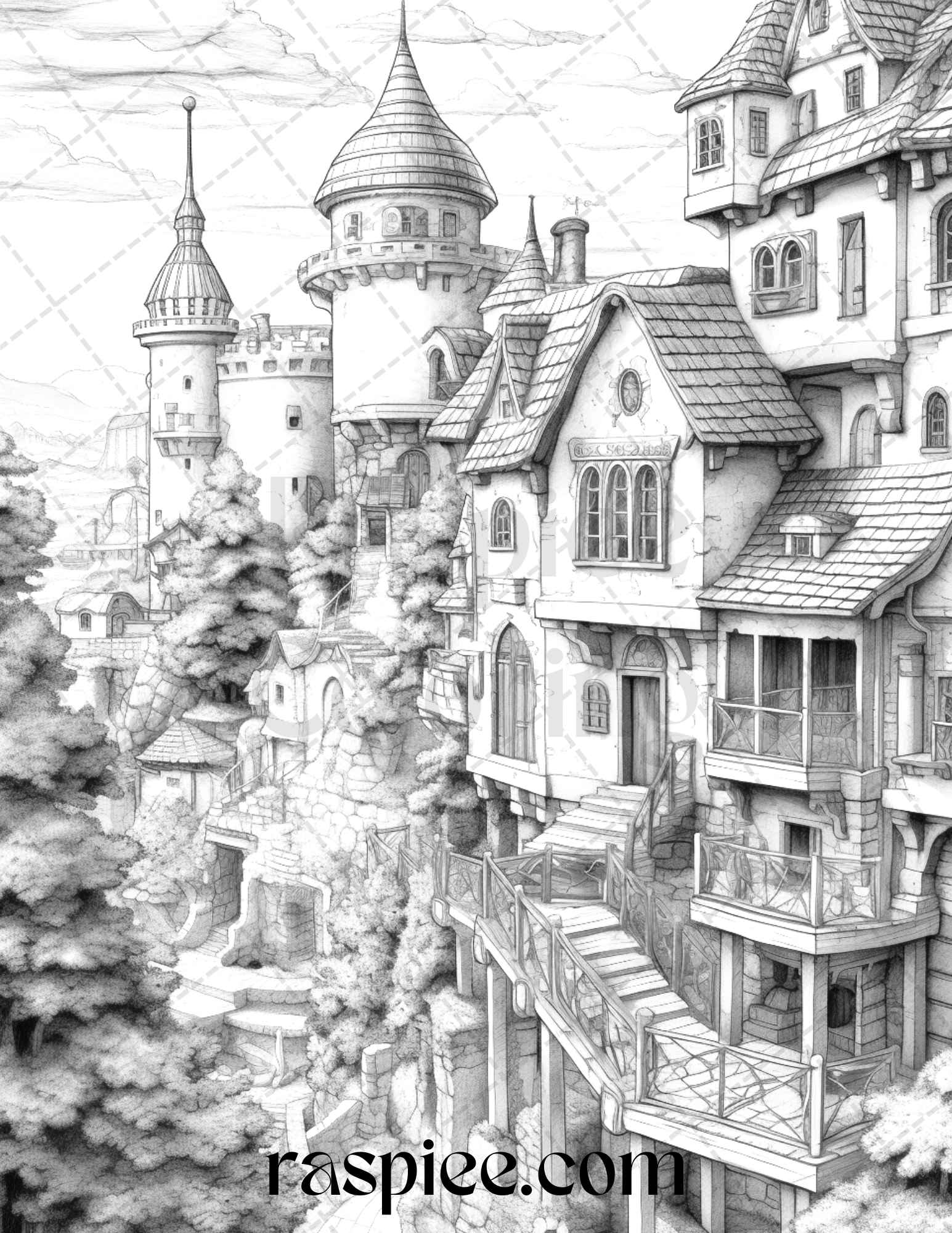 40 Fantasy Village Grayscale Coloring Pages Printable for Adults, PDF File Instant Download - raspiee