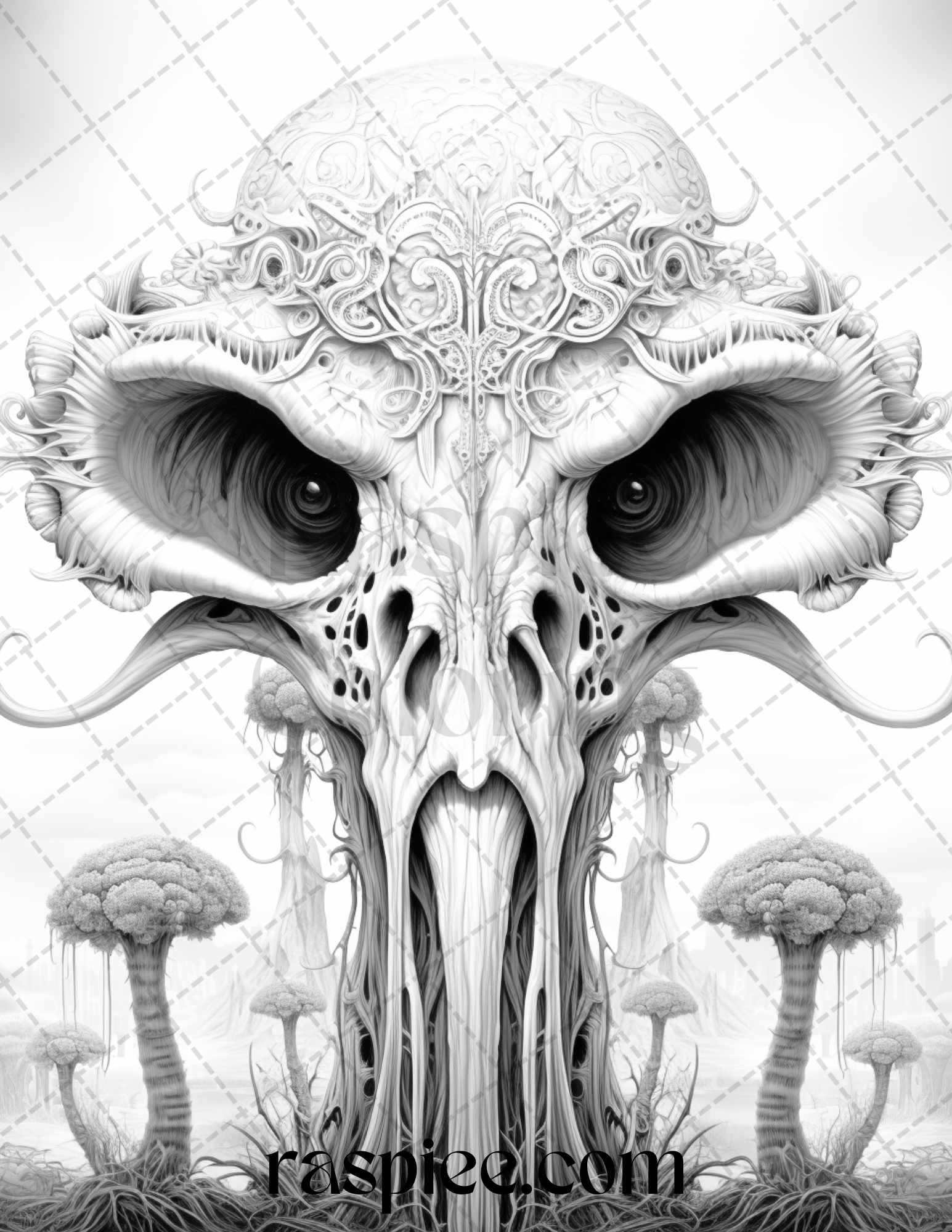 Grayscale coloring page of a surreal creature with intricate details, Fantasy grayscale coloring illustration for stress relief, Printable adult coloring image of whimsical animal in grayscale style, Detailed grayscale art of a mystical creature for DIY coloring