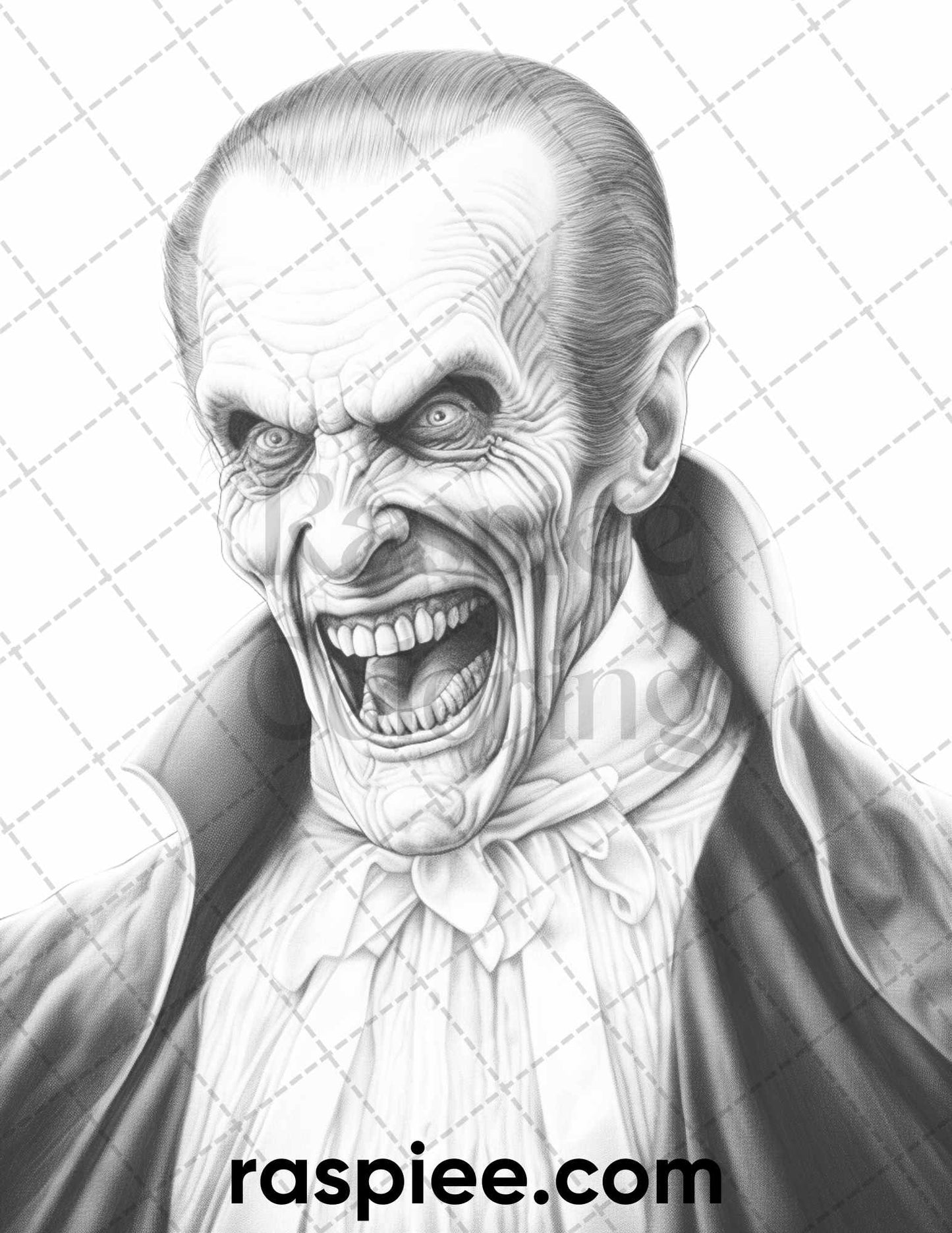 Count Dracula grayscale coloring page, Vampire coloring sheet for adults, Halloween adult coloring printable, Spooky grayscale coloring page, Dark fantasy vampire illustration, Horror-themed coloring printable, Scary Dracula coloring page, Creepy grayscale coloring sheet, Adult relaxation coloring printable, Halloween Coloring Pages for Adults