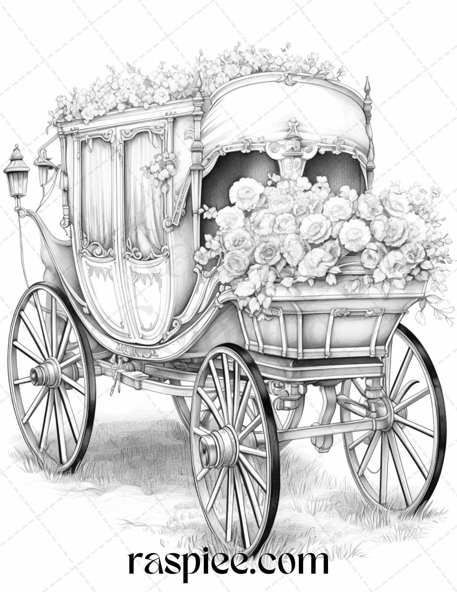 Vintage Flower Carriage Grayscale Coloring Pages Printable for Adults, PDF File Instant Download - Raspiee Coloring
