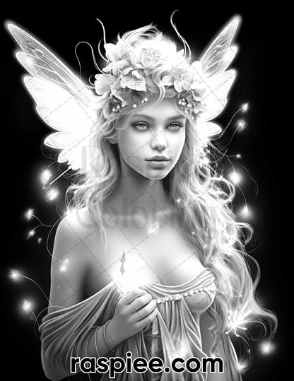 Starlight Fairy Grayscale Coloring Page, Printable Fairy Adult Coloring Sheet, Mystical Fantasy Artwork for Stress Relief, Relaxing Coloring Pages, High-Quality Coloring Printable, Digital Fairy Coloring Page, Fairyland Coloring Pages, Fantasy Coloring Pages for Adults, Portrait Coloring Pages, Fairytale Coloring Pages for Adults