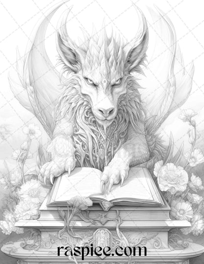50 Magical Books Grayscale Coloring Pages Printable for Adults, PDF File Instant Download - Raspiee Coloring