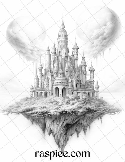 grayscale castle coloring page, fantasy landscape adult coloring, printable aerial castle art, stress-relieving grayscale illustration