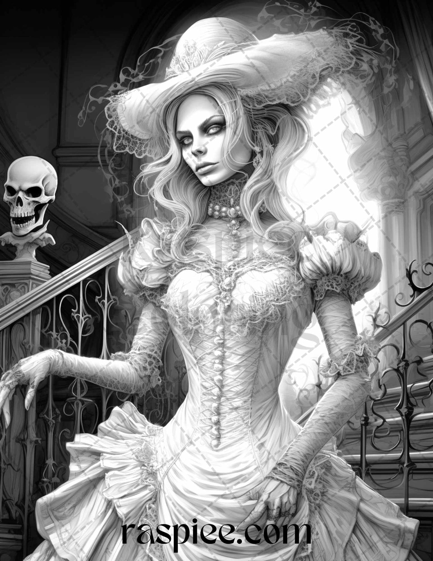 Halloween grayscale coloring pages for adults, Victorian era spooky coloring printables, Eerie Victorian era coloring pages, Halloween decor in black and white, Adult coloring for Halloween, Creepy Victorian era coloring sheets, High-quality grayscale Halloween printables, Halloween Grayscale Coloring Pages
