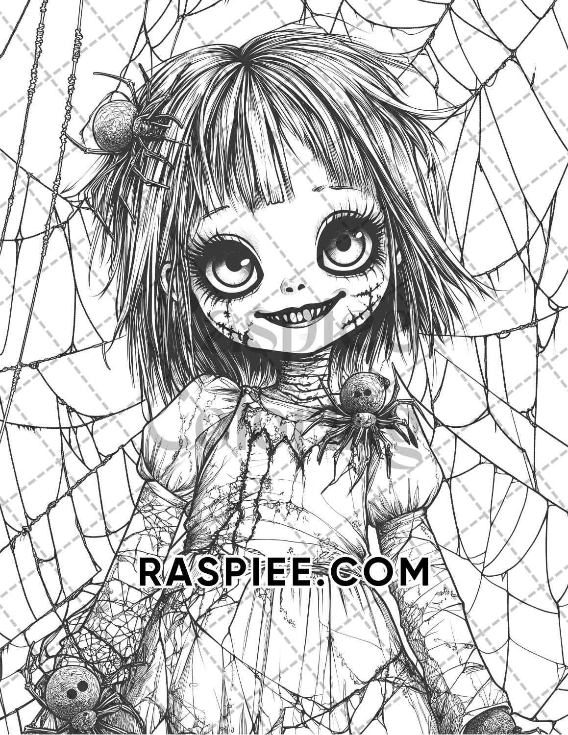 Haunted Dolls Halloween Horror Adult Coloring Pages Printable PDF Instant Download - RASPIEE