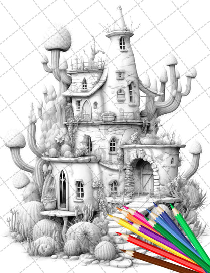 46 Fantasy Cactus Houses Grayscale Coloring Pages Printable for Adults, PDF File Instant Download - raspiee