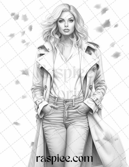 Fall Fashion Grayscale Coloring Pages, Adult Autumn Printable Coloring Sheets, DIY Grayscale Coloring Art, Relaxing Seasonal Coloring Activities, Autumn Fashion Coloring Pages for Adults