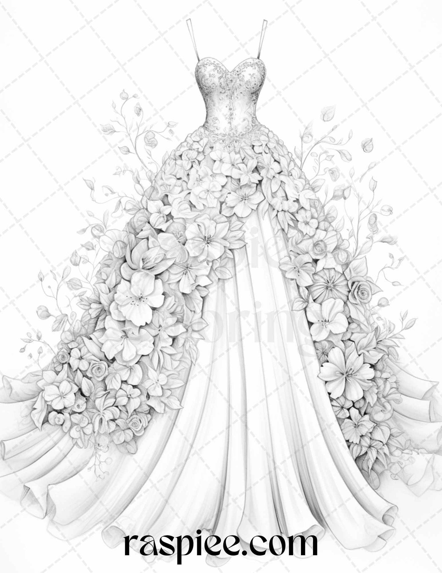 40 Elegant Floral Wedding Dresses Grayscale Coloring Pages Printable for Adults, PDF File Instant Download - Raspiee Coloring