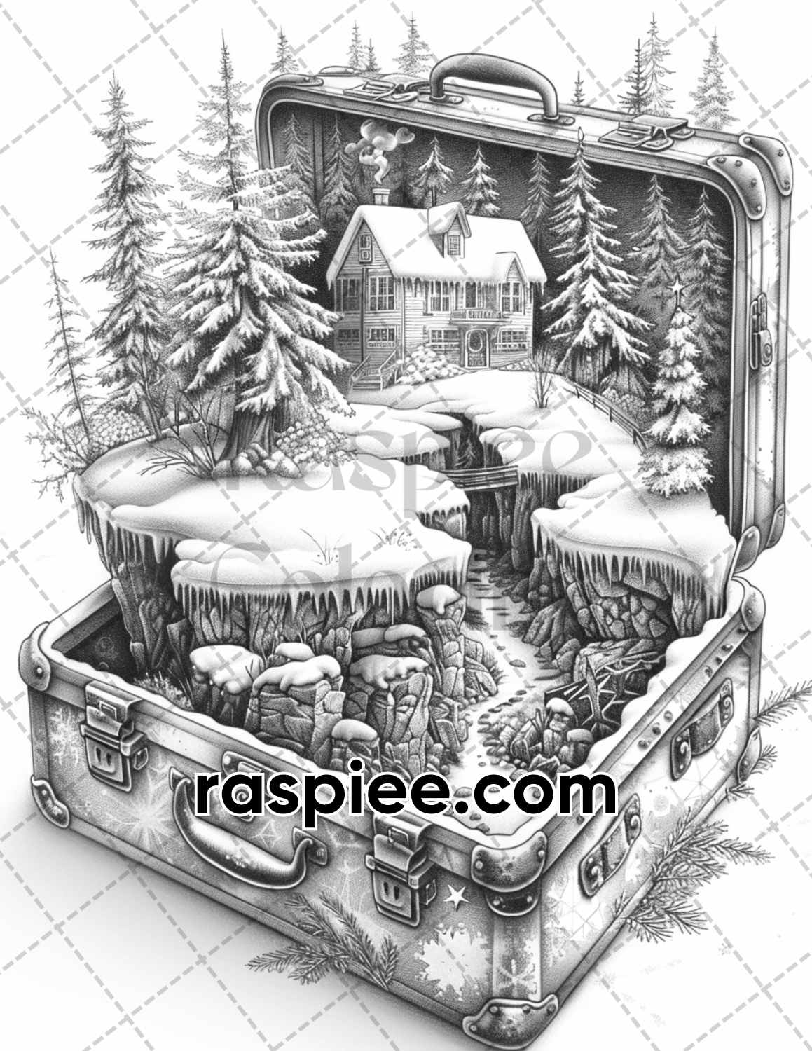 adult coloring pages, adult coloring sheets, adult coloring book pdf, adult coloring book printable, grayscale coloring pages, grayscale coloring books, fanasty coloring pages for adults, fantasy coloring book, grayscale illustration, Worlds in a Suitcase Grayscale Adult Coloring Pages
