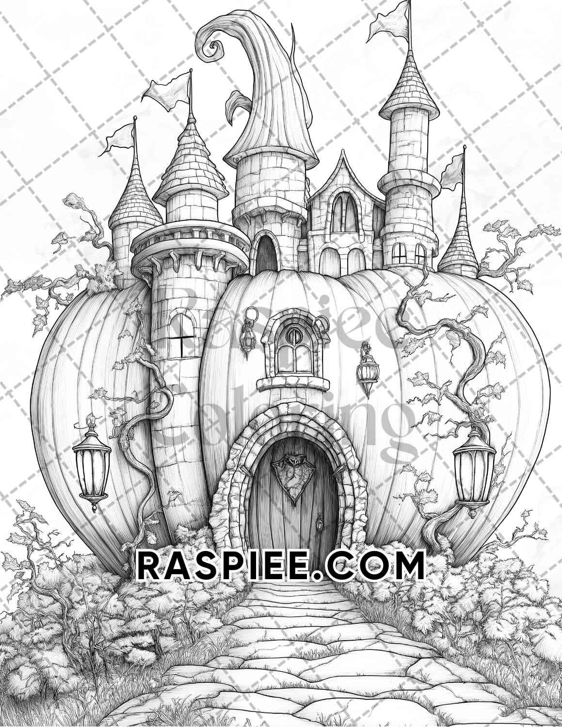 Fantasy Giant Pumpkin Castles Adult Coloring Pages Printable PDF Instant Download - RASPIEE