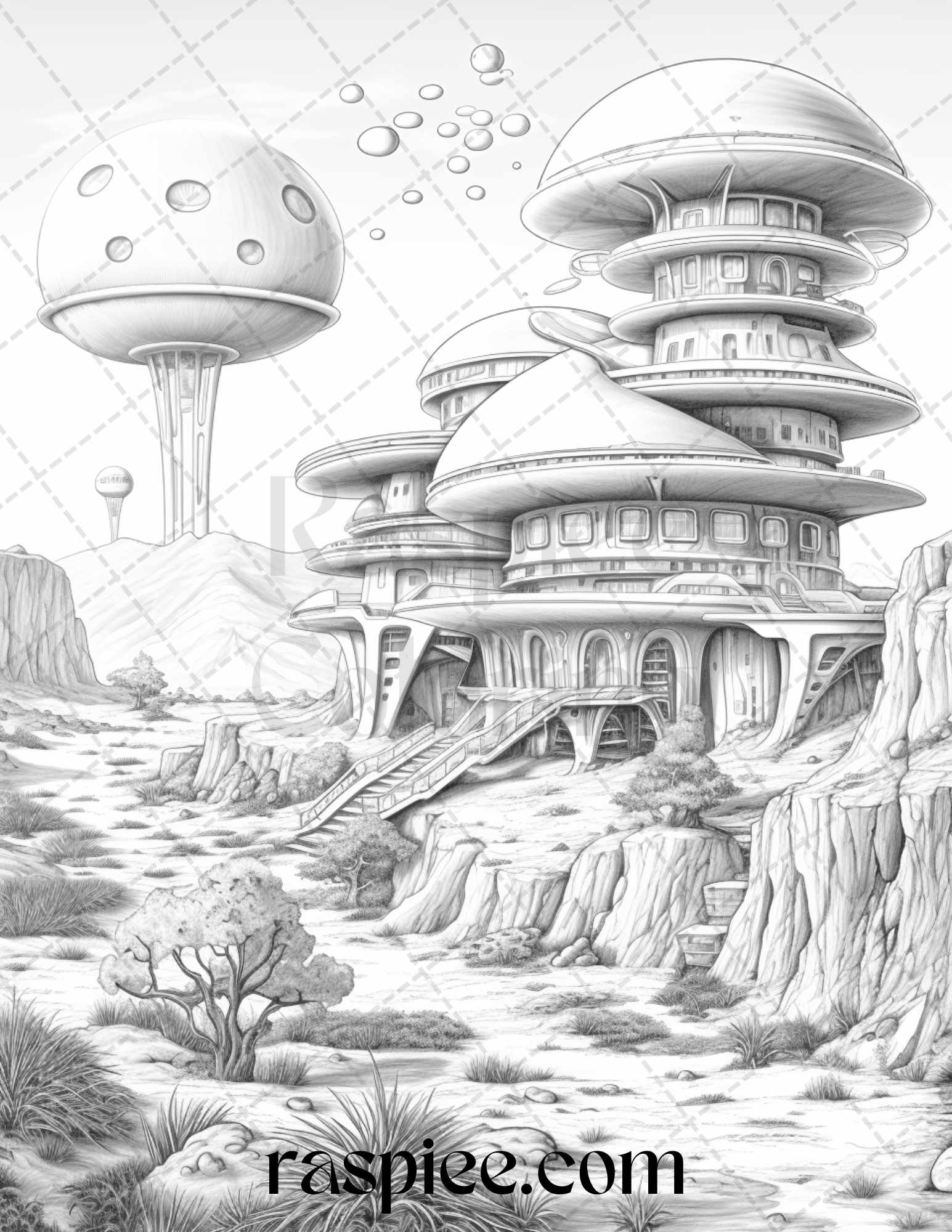 Alien Houses Grayscale Coloring Pages, Printable Outer Space Relaxation Art, Celestial Adult Coloring Illustrations, Creative Alien Homes Printable Art, Unique Space-Themed Grayscale Designs