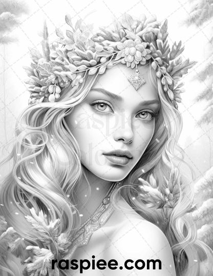Winter Queens Coloring Page, Grayscale Queen Portraits, Adult Coloring Printable, Detailed Winter Designs, Snow Queen Art, Stress Relief Coloring, Intricate Coloring Sheet, Relaxation Coloring Art, Winter Season Coloring Pages, Portrait Coloring Pages, Christmas Coloring Pages, Xmas Coloring Pages