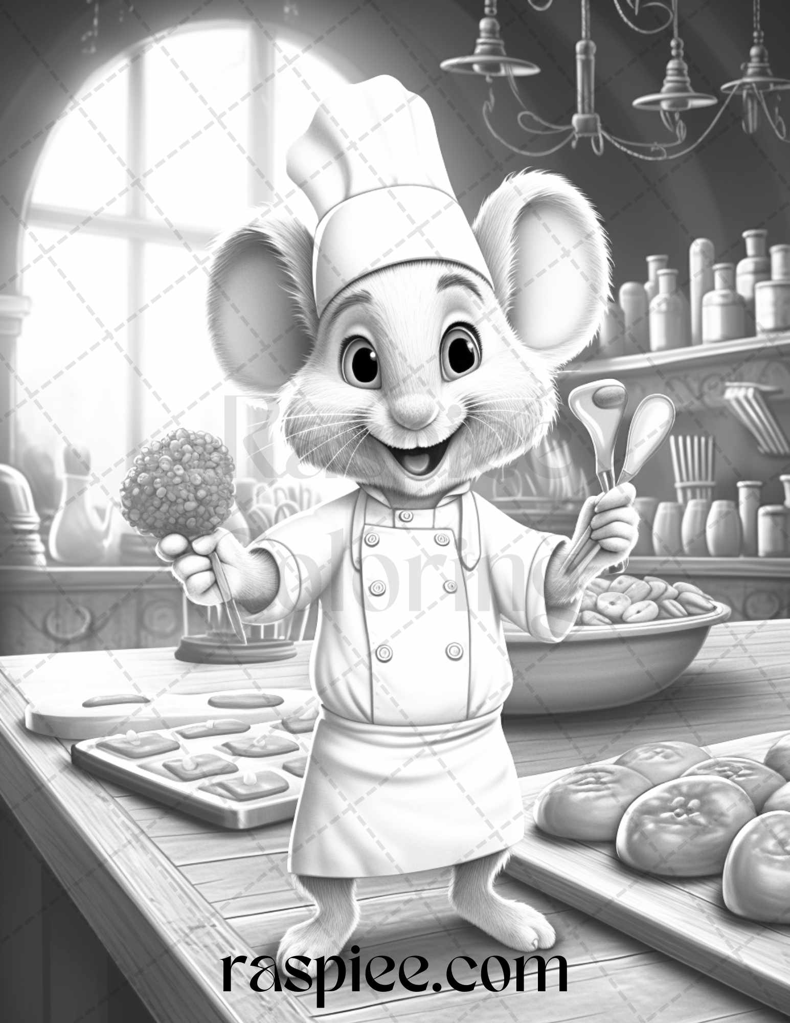 Grayscale coloring page mouse chef, Adult coloring book printable, Stress-relief coloring sheets, Detailed mouse chef illustration, Coloring for relaxation, Intricate coloring patterns, Therapeutic coloring pages, Mouse chef coloring printable, Coloring pages for grown-ups, Creative hobby coloring