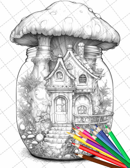 Fairy House in Jar Grayscale Coloring Pages Printable for Adults, PDF File Instant Download - raspiee