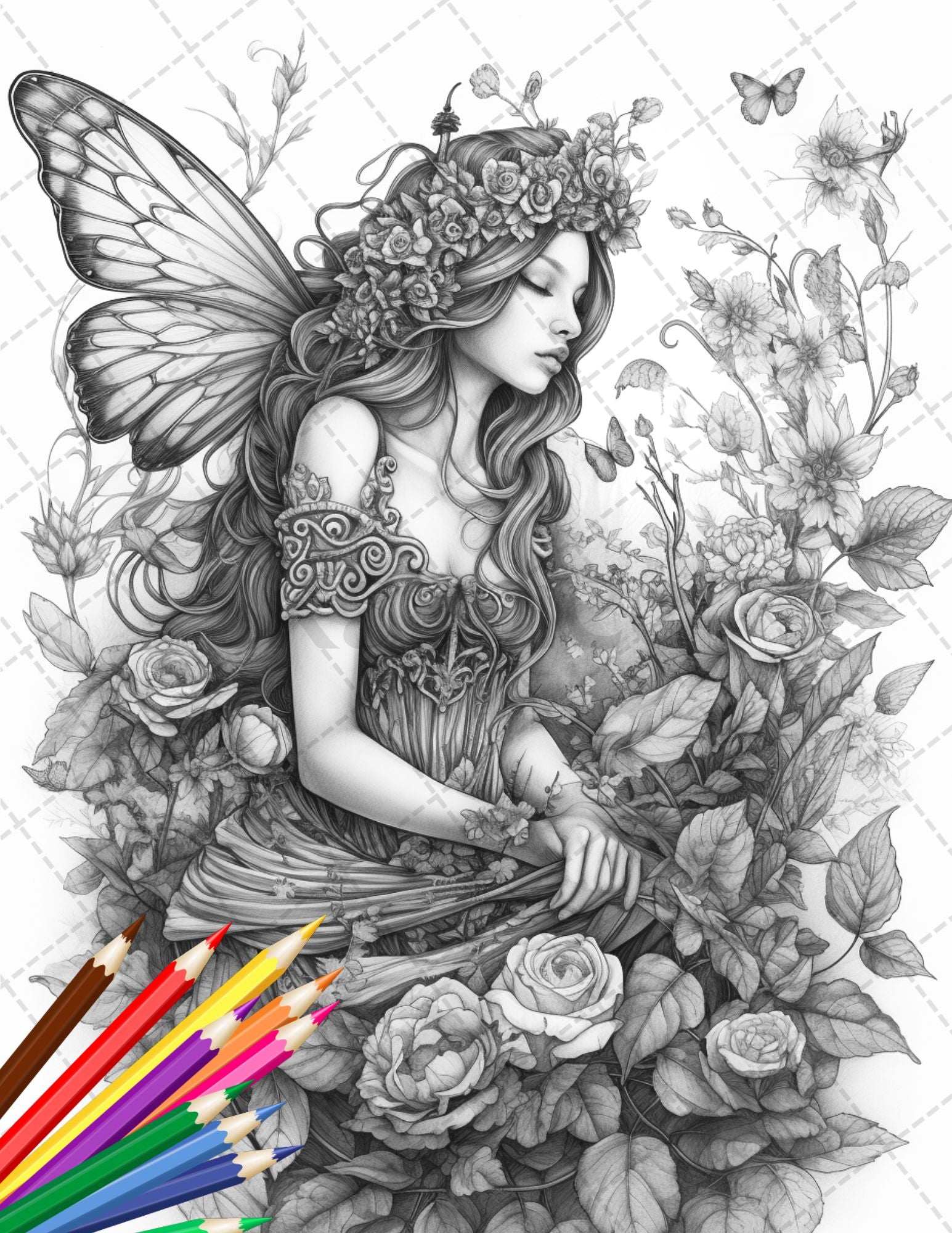 30 Beautiful Fairies Coloring Page Book for Adults, Flower Fairy Grayscale Coloring Book, Fairy Coloring Sheets, Printable PDF File Download - raspiee