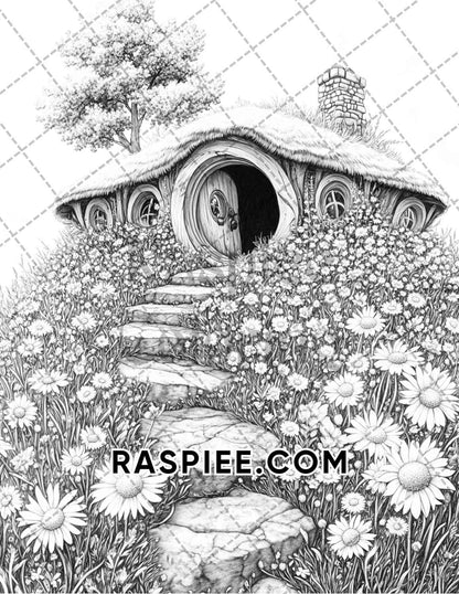 Fantasy Flower Houses Adult Coloring Pages Printable PDF Instant Download