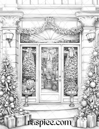 Christmas Store Front Grayscale Coloring Pages for Adults, PDF Printable Instant Download