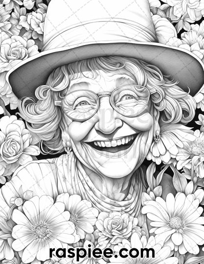 Portrait Coloring Pages for Adults, Portrait Coloring Book Printable, Women Portrait Coloring Pages, Grandma Coloring Pages, Funny Grandma Coloring Pages, Grayscale Coloring Pages for Adults