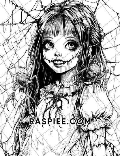 Haunted Dolls Halloween Horror Adult Coloring Pages Printable PDF Instant Download - RASPIEE