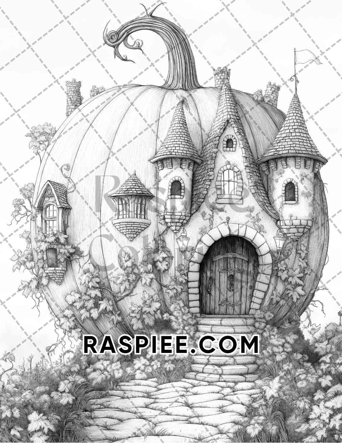 Fantasy Giant Pumpkin Castles Adult Coloring Pages Printable PDF Instant Download - RASPIEE