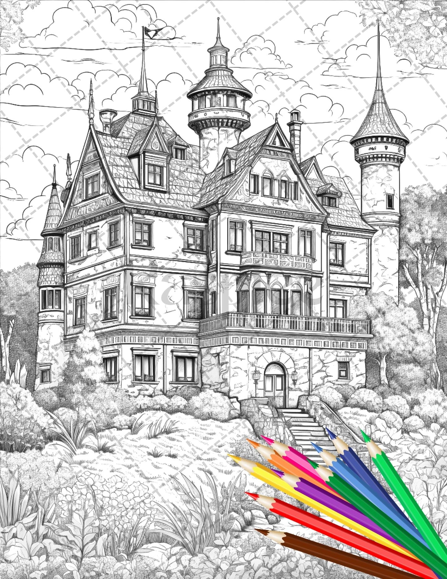 122 Castillos de fantasía Libro para colorear para adultos, Página para colorear en escala de grises, PDF imprimible Descarga instantánea