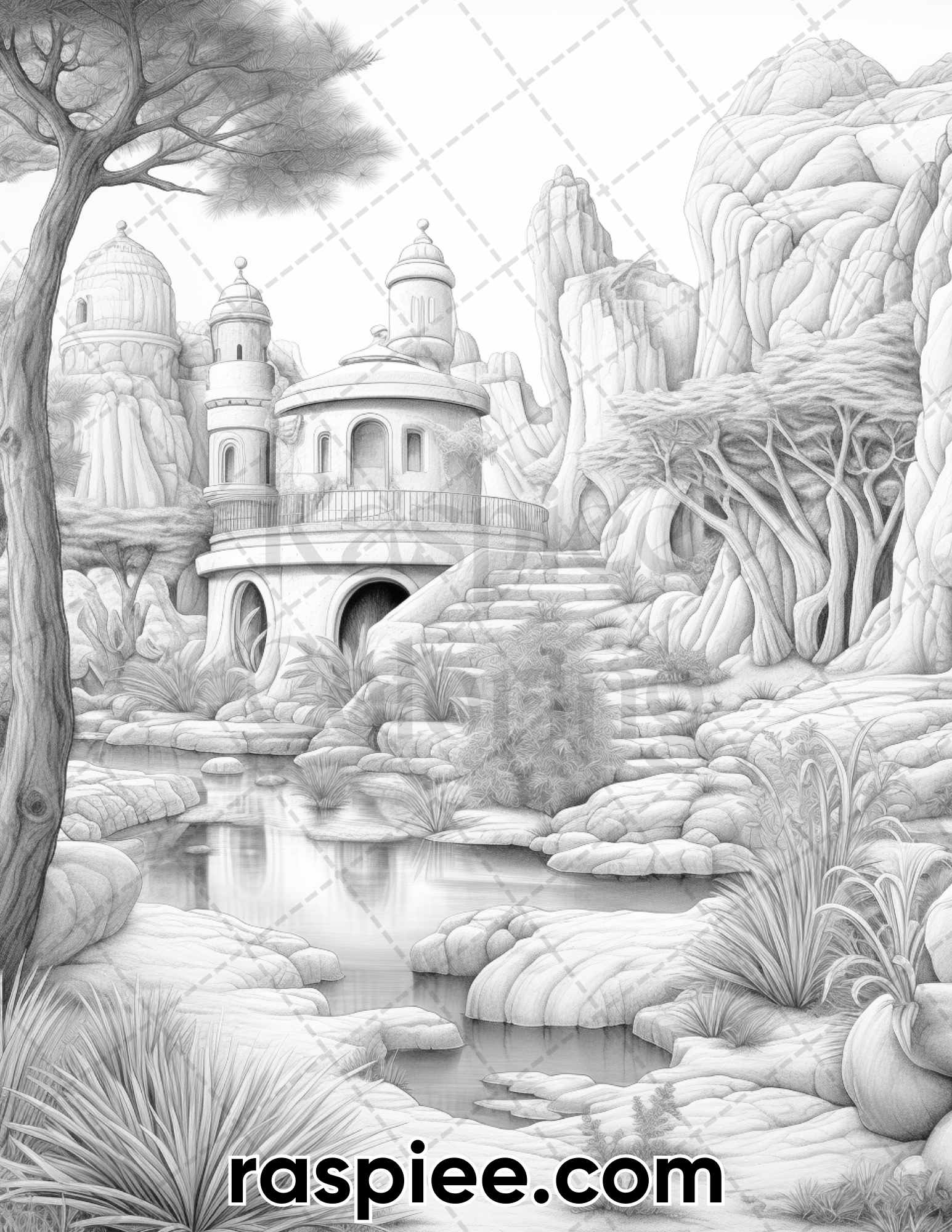 Desert Oasis Fairy Homes Coloring Pages, Grayscale Coloring Sheets, Adult Coloring Book Printable, Digital Downloadable Coloring, Detailed Fantasy Coloring, Stress Relief Coloring Pages, Desert Landscape Coloring Pages, Grown-Up Coloring Printable