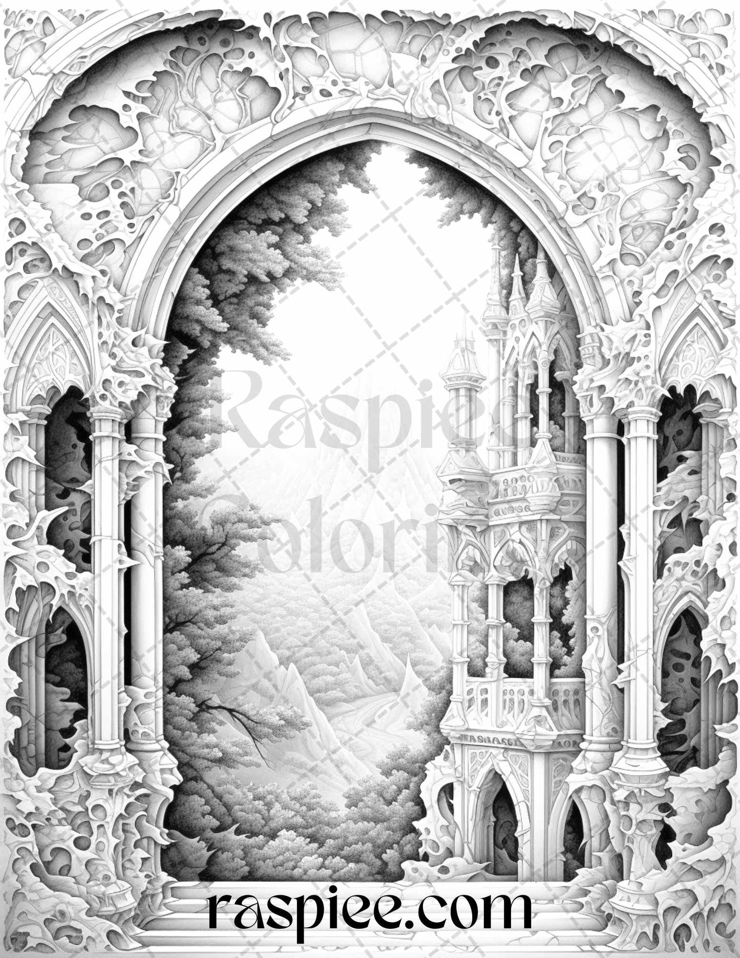 40 Window to Fantasy Worlds Grayscale Coloring Pages Printable for Adults, PDF File Instant Download - raspiee