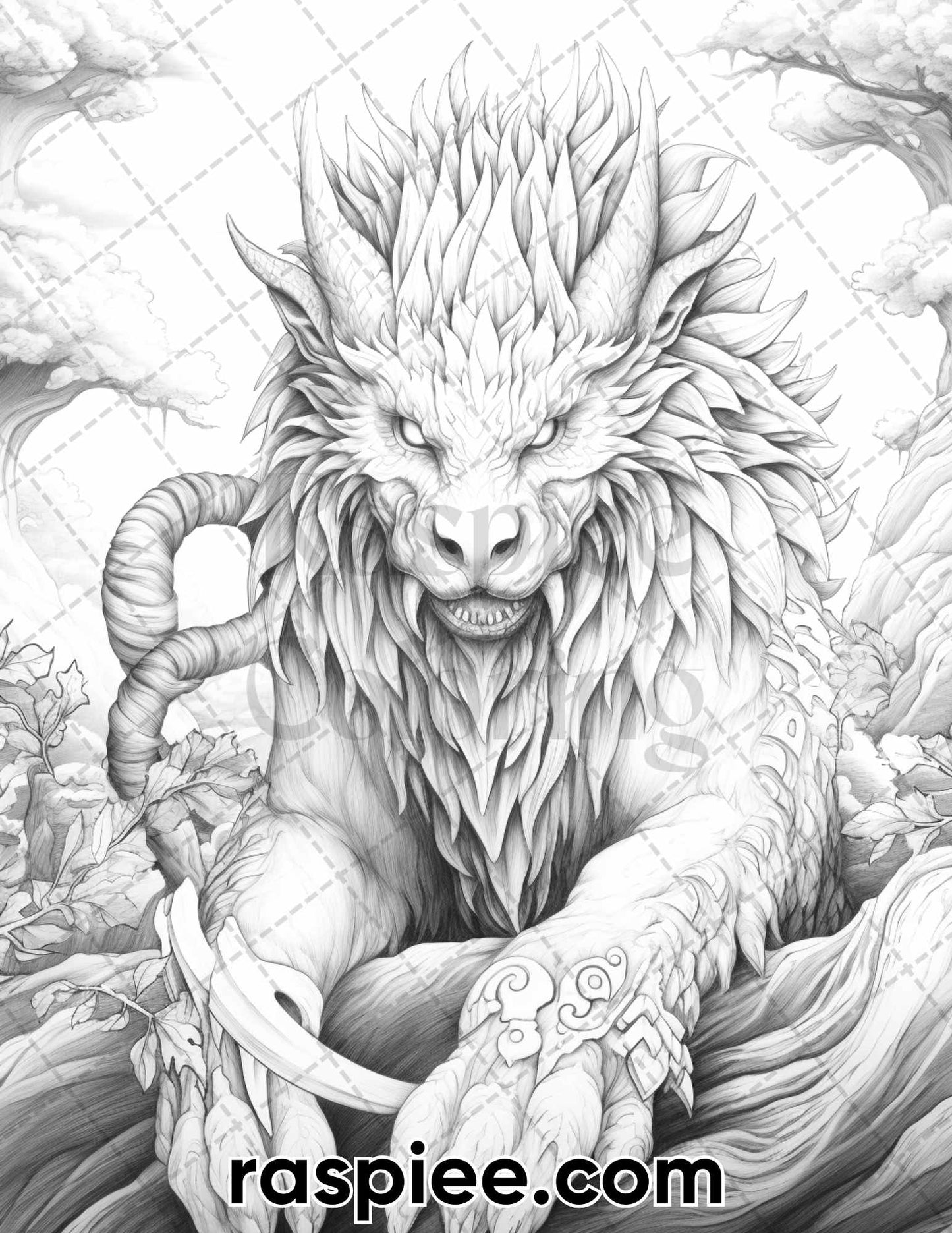 60 Mythical Creatures Grayscale Coloring Pages for Adults, Printable PDF Instant Download