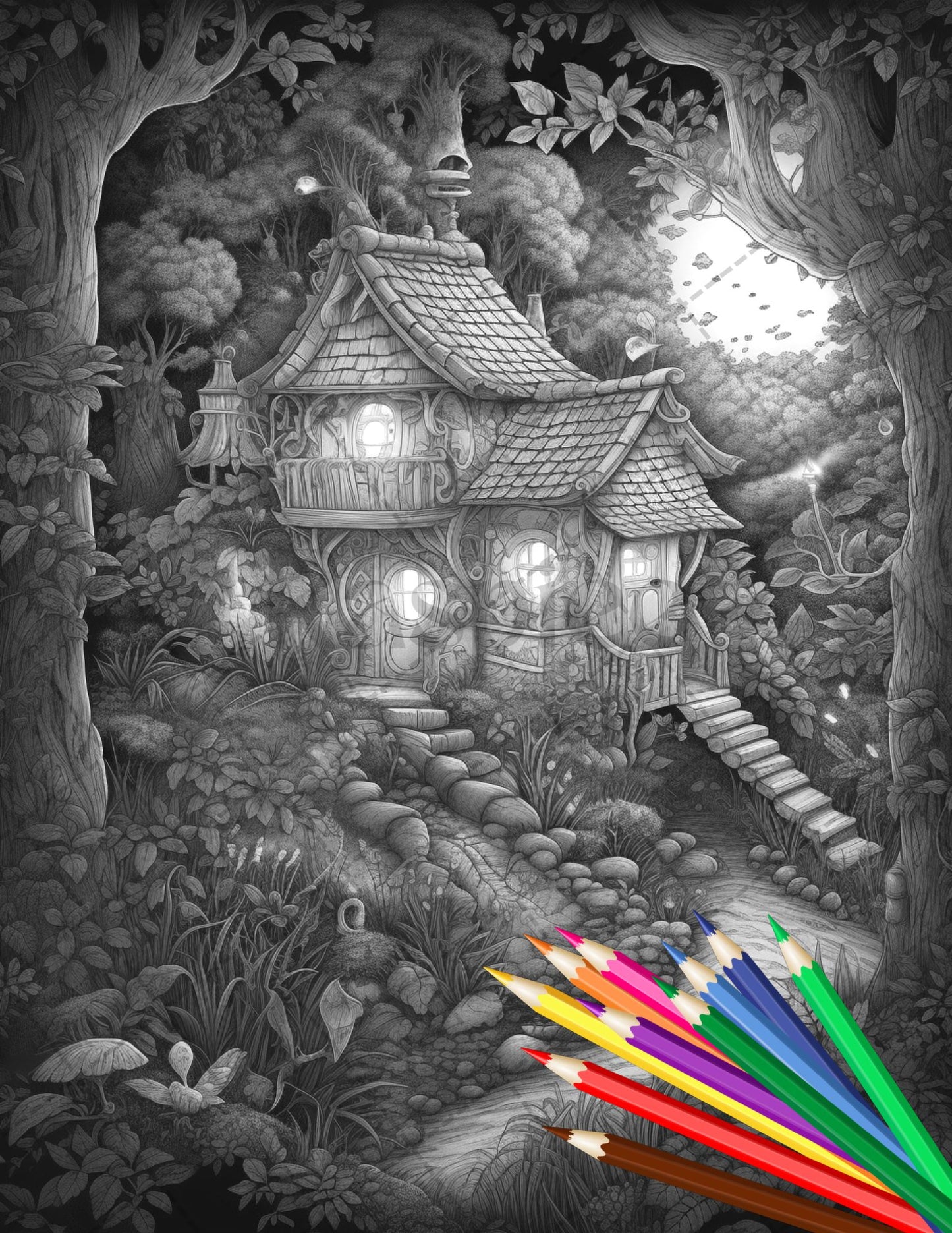 30 Fantasy Fairy Houses Coloring Page Book, Printable Adult Coloring Pages, Enchanted Fairy Home Grayscale Coloring Book, Printable PDF File - raspiee