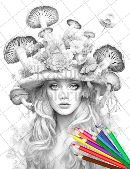 50 Mushroom Fairy Grayscale Coloring Pages Printable for Adults, PDF File Instant Download - raspiee