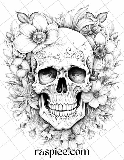 42 Floral Skull Grayscale Coloring Pages for Adults, Stress Relief Coloring Sheets, Printable PDF File Instant Download