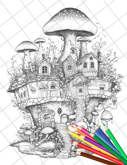 32 Whimsical Mushroom House Coloring Pages for Adults, Grayscale Coloring Book, Printable PDF File Download - raspiee