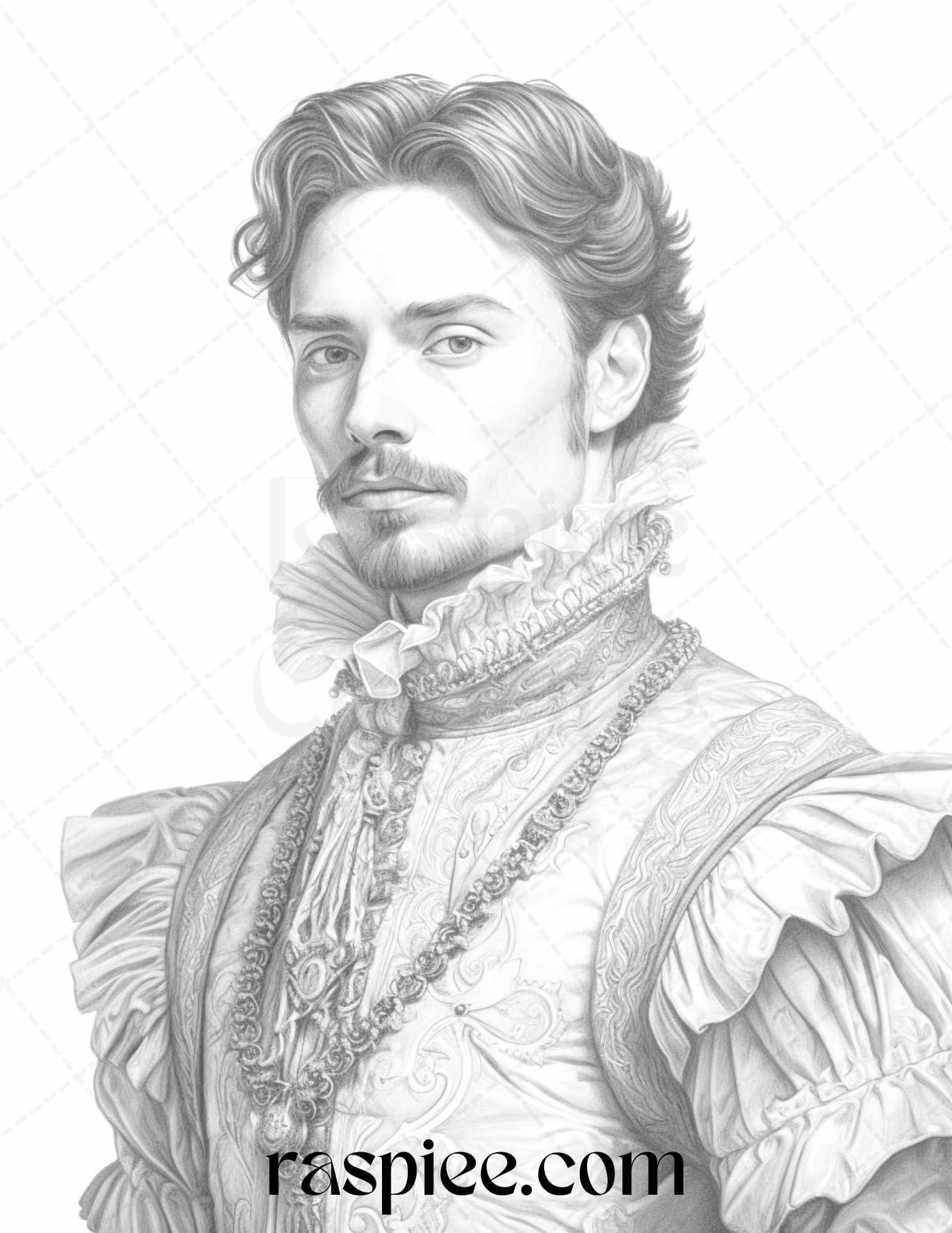 50 Baroque Man Portrait Grayscale Graysale Coloring Pages Printable for Adults, PDF File Instant Download - Raspiee Coloring
