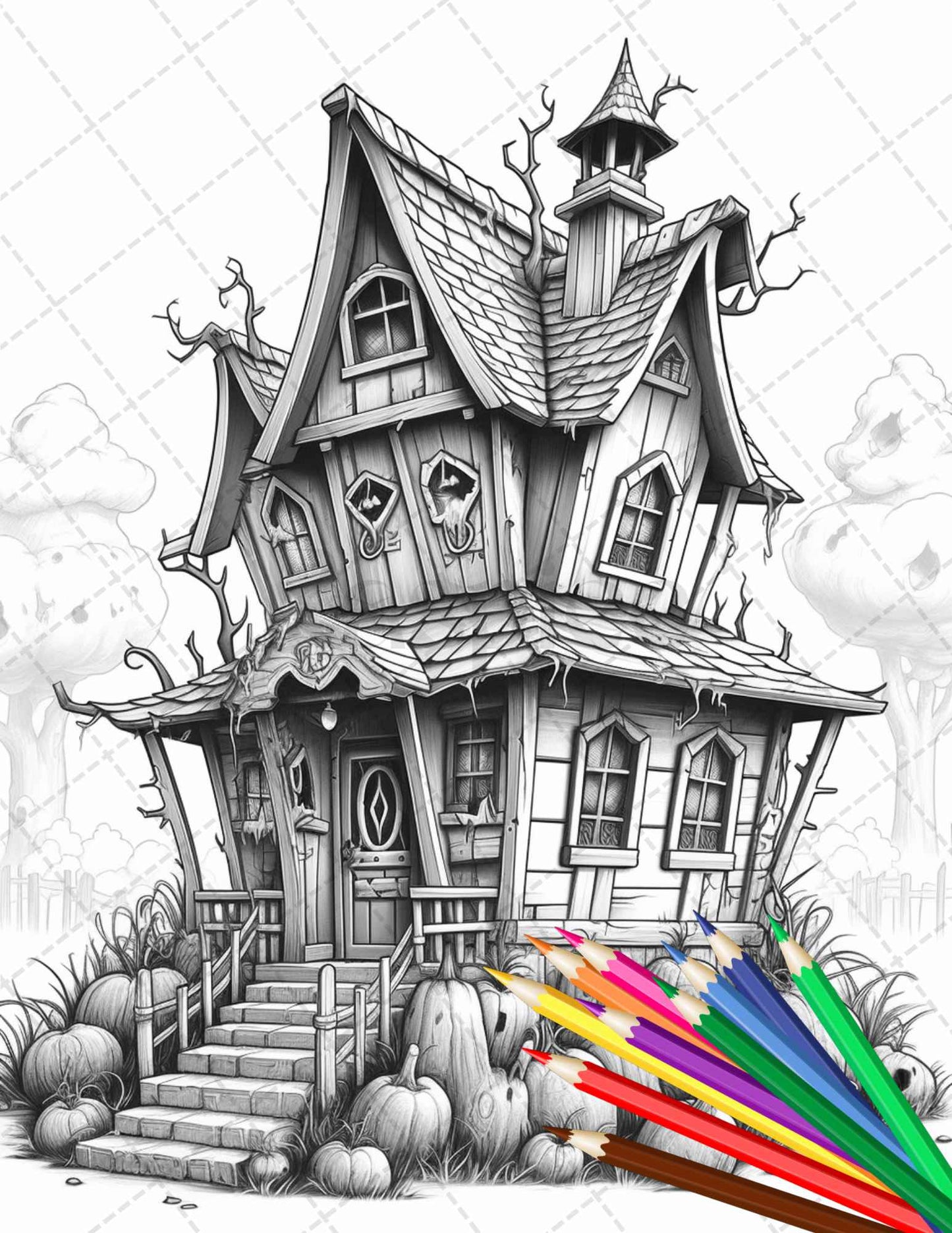 32 Spooky Houses Coloring Pages Printable for Adults, Grayscale Coloring Page, PDF File Instant Download - raspiee