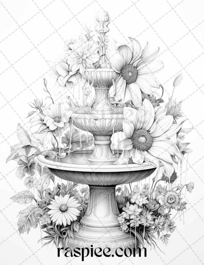 32 Blooming Fountains Grayscale Coloring Pages Printable for Adults, PDF File Instant Download - raspiee