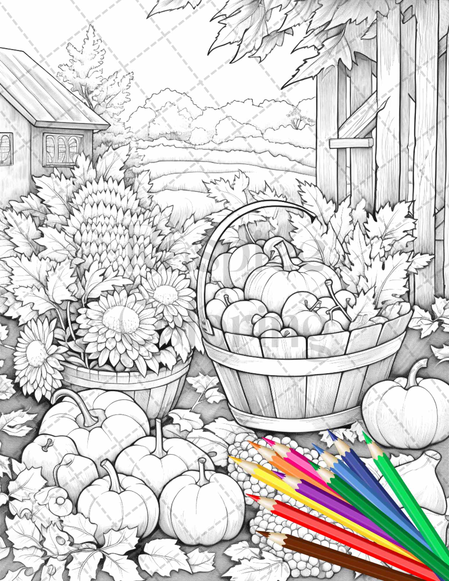 Autumn Harvest Grayscale Coloring Pages Printable for Adults, Relaxing Fall Themed Art, PDF File Instant Download - raspiee