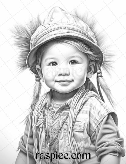 50 Native American Little Girls Boys Grayscale Coloring Pages Printable for Adults Kids, PDF File Instant Download - Raspiee Coloring
